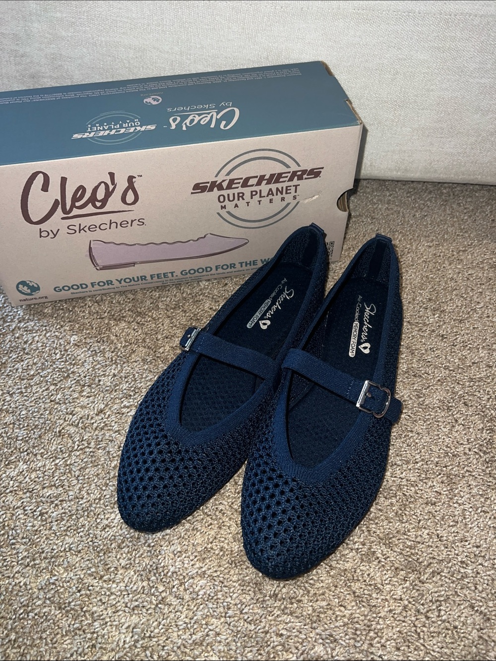 Skechers Navy Knit Mary Jane Flats with Adjustable Strap